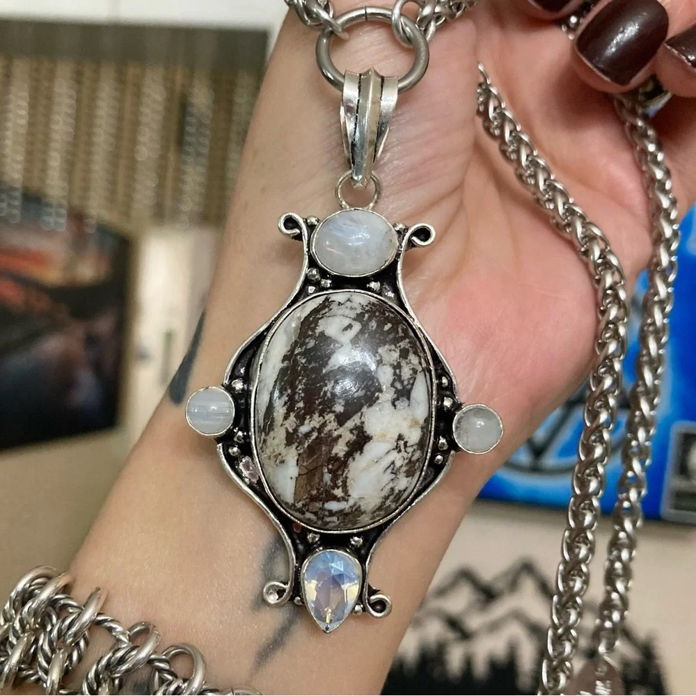 Genuine moonstone white & brown agate gemstones & opalite boho silver necklace - Picture 13 of 15